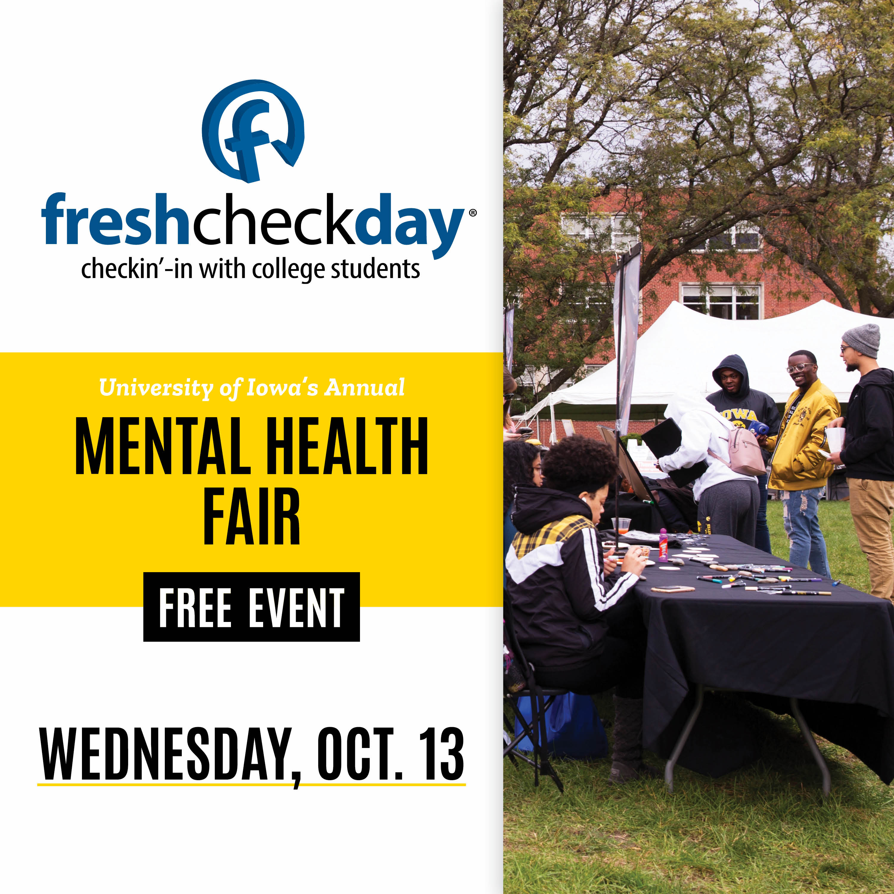 fresh check day. University of Iowa's Mental Health Fair. Free event. Wednesday, October 13. 