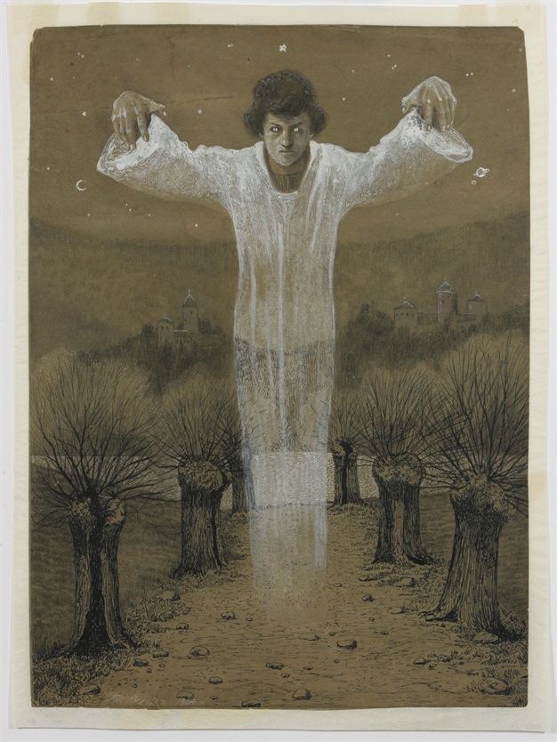 A translucent white ghostly figure with arms raised, flanked by trees