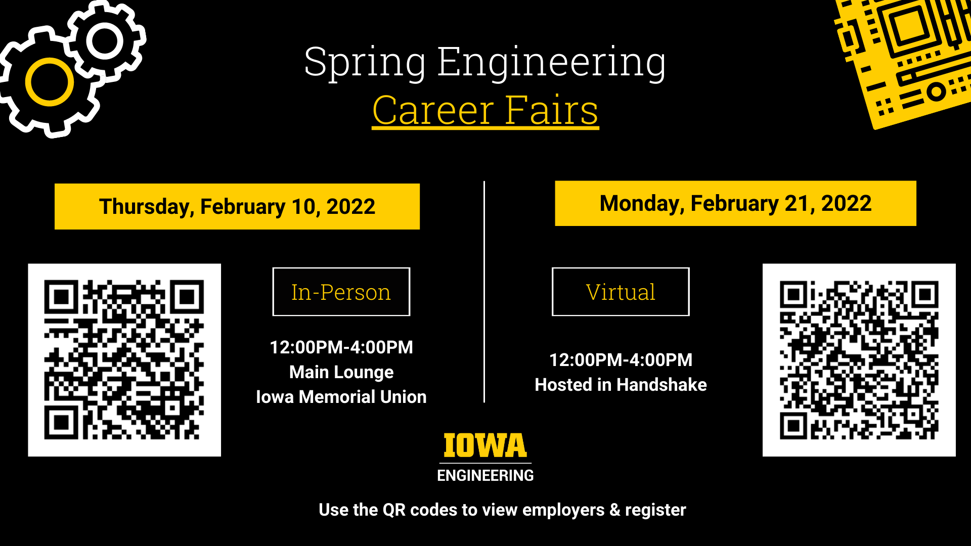 2022 Dates of Engineering career fairs. In person Feb 10 and virtual Feb 21