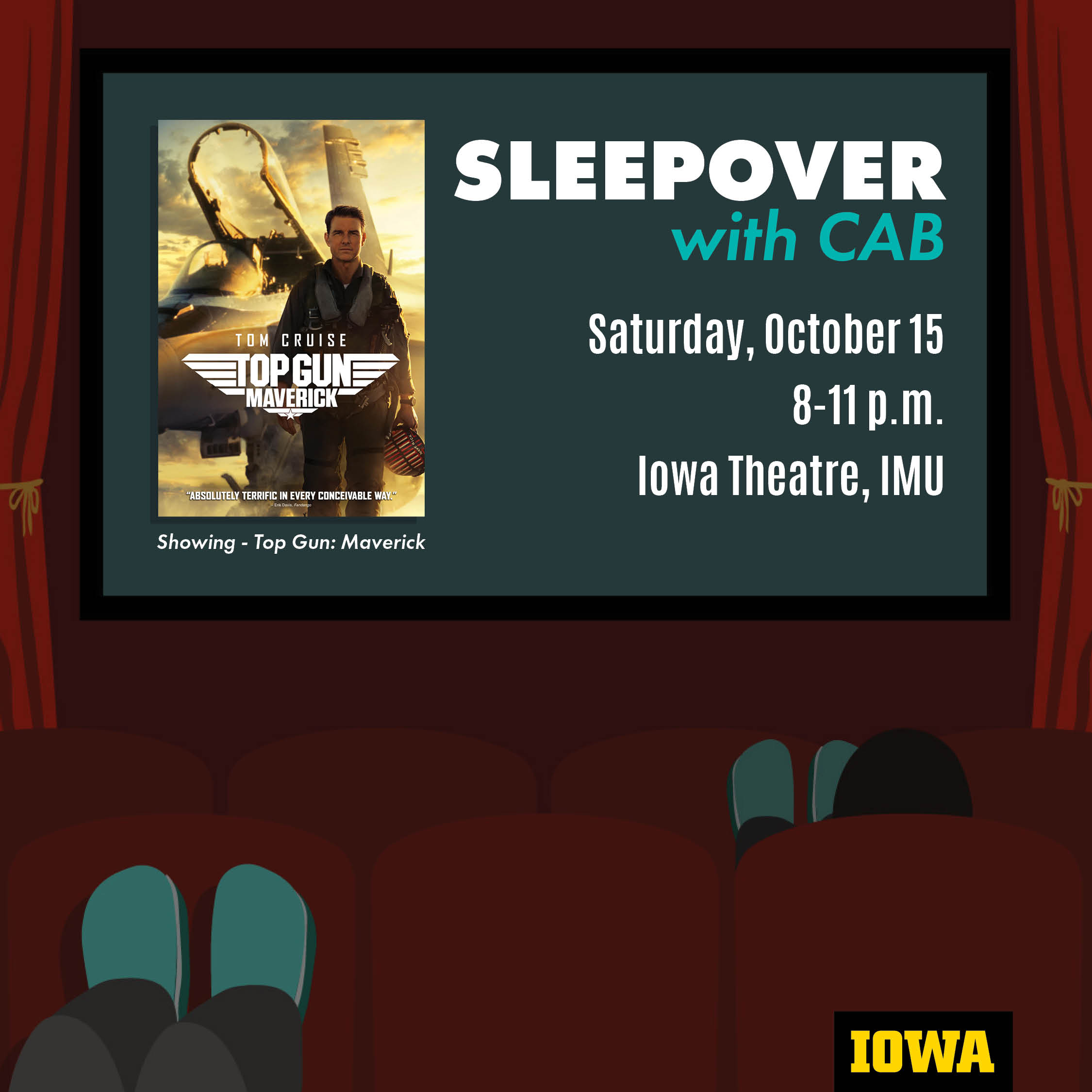 Sleepover With CAB poster that is a movie screen showing the movie cover of Top Gun Maverick