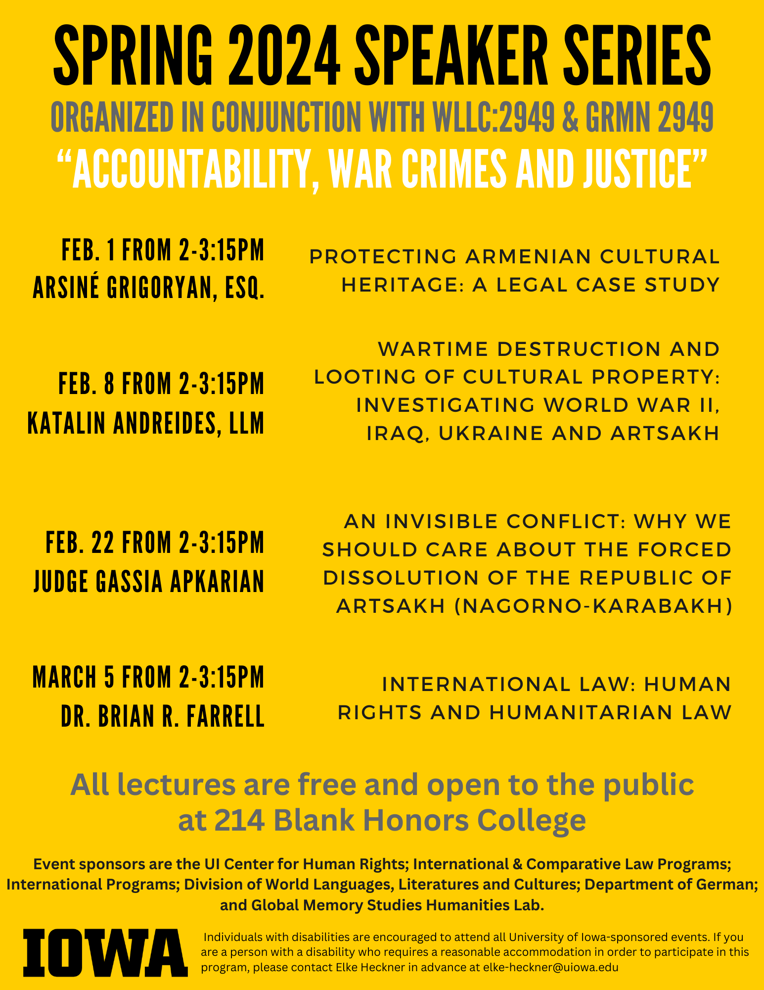 Spring 2024 Speaker Series - Accountability, War Crimes, and Justice - March 5th Dr. Brian R. Farrell - International Law: Human Rights and Humanitarian Law - 214 Blank Honors College
