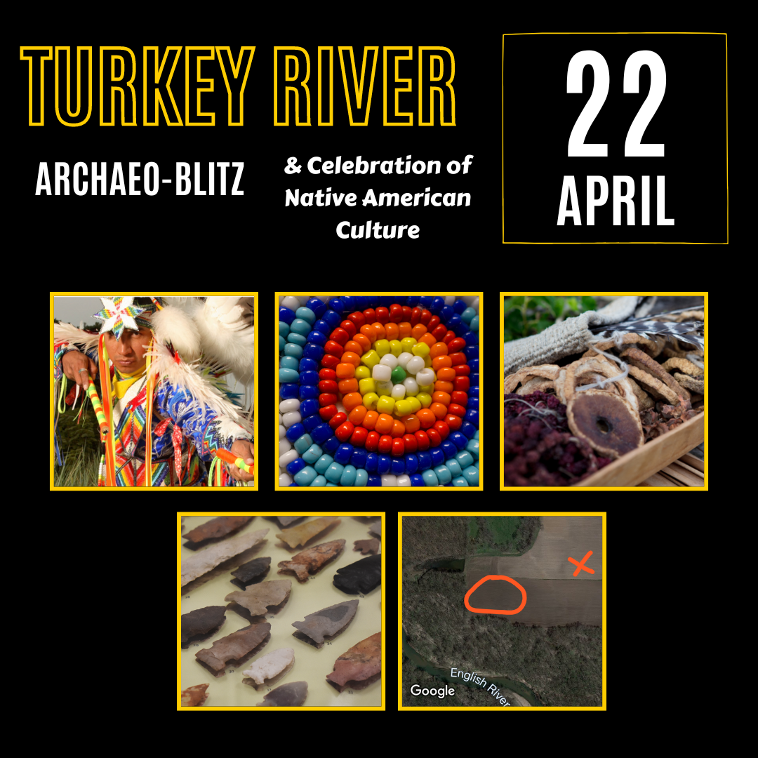 Turkey River Archaeo-Blitz promo image featuring photos of Native American arts, traditional foods, archaeological artifacts, and a Google map