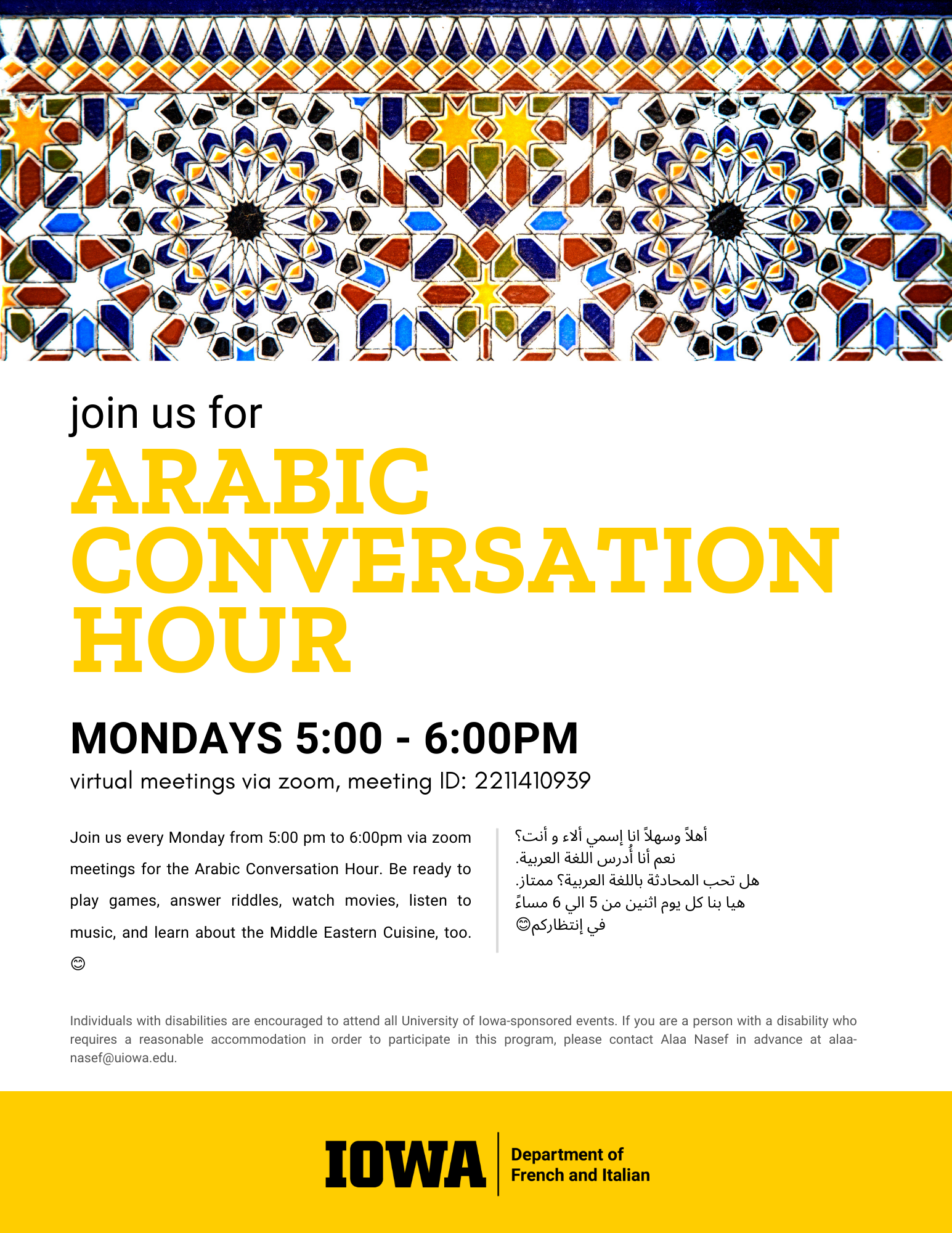 flyer for arabic conversation hour with days and times 