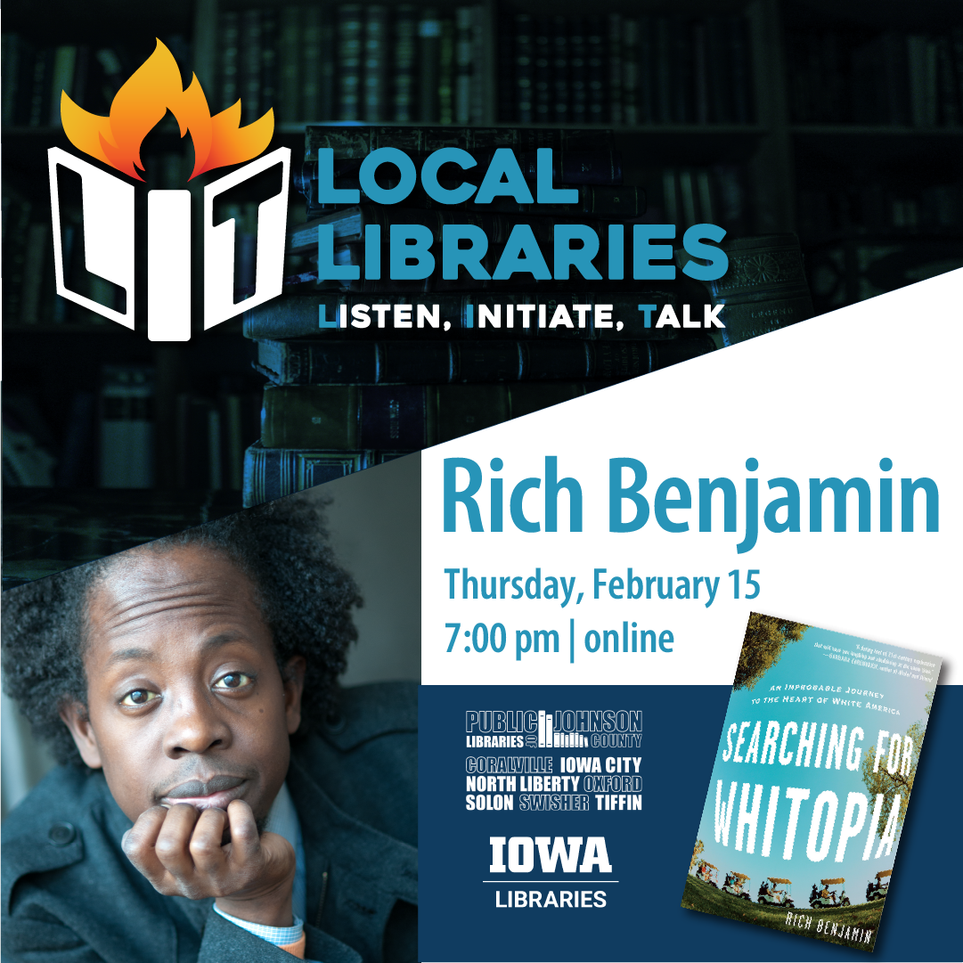 Rich Benjamin event on Thursday, february 15 at 7pm online. Register at ICPL.org.