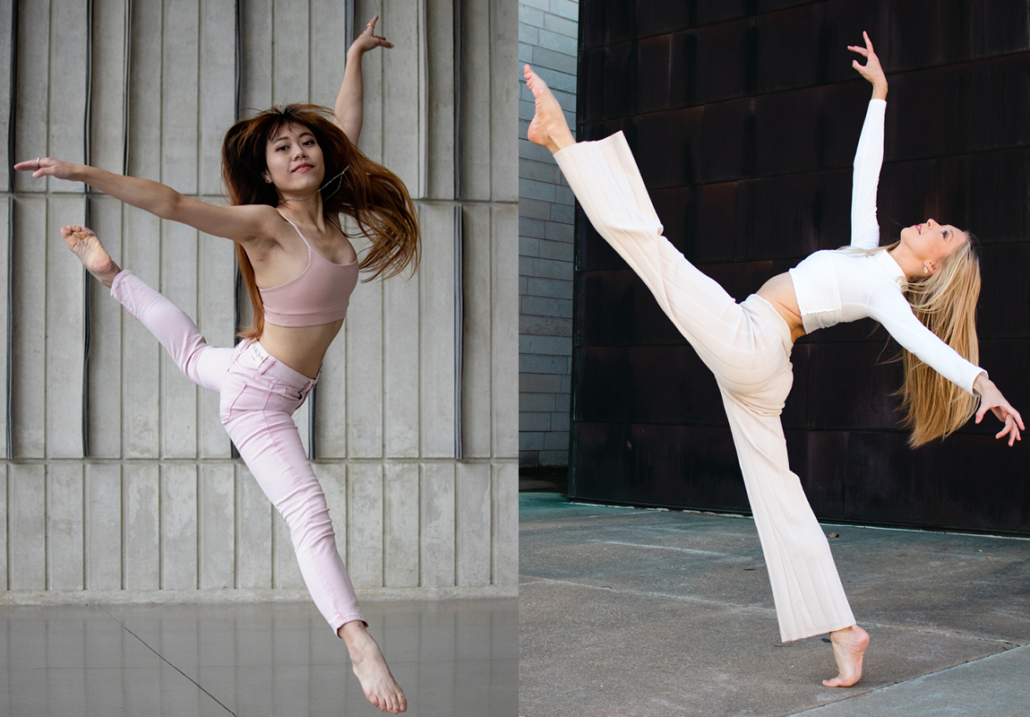 Two photos of dancers performing in outdoor spaces.