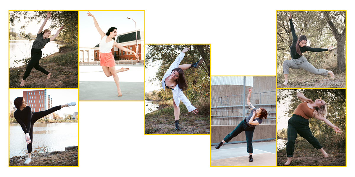 Collage of photos of dancers performing outside.