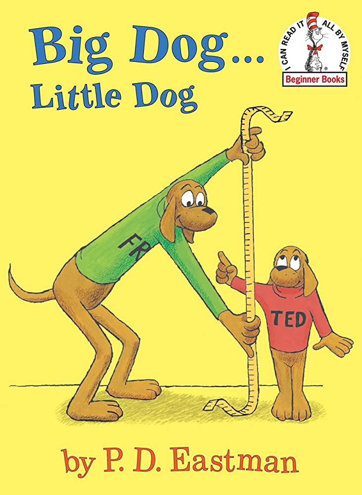 tall brown dog in green sweater stands on hind legs to measure smaller brown down wearing red sweater and standing on his hind legs