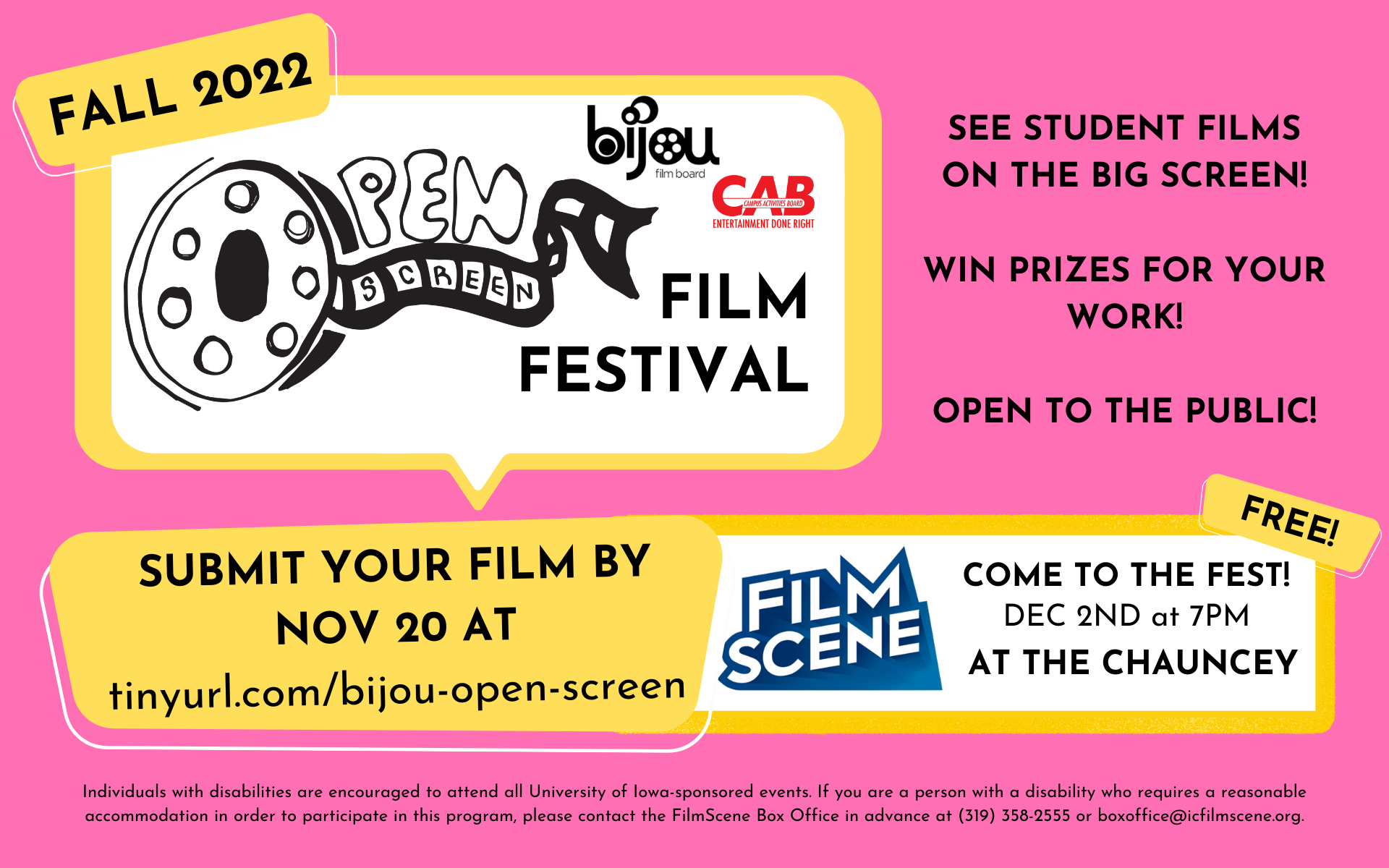 The Open Screen Film Festival logo in a white speech bubble, with a yellow border against a pink background.