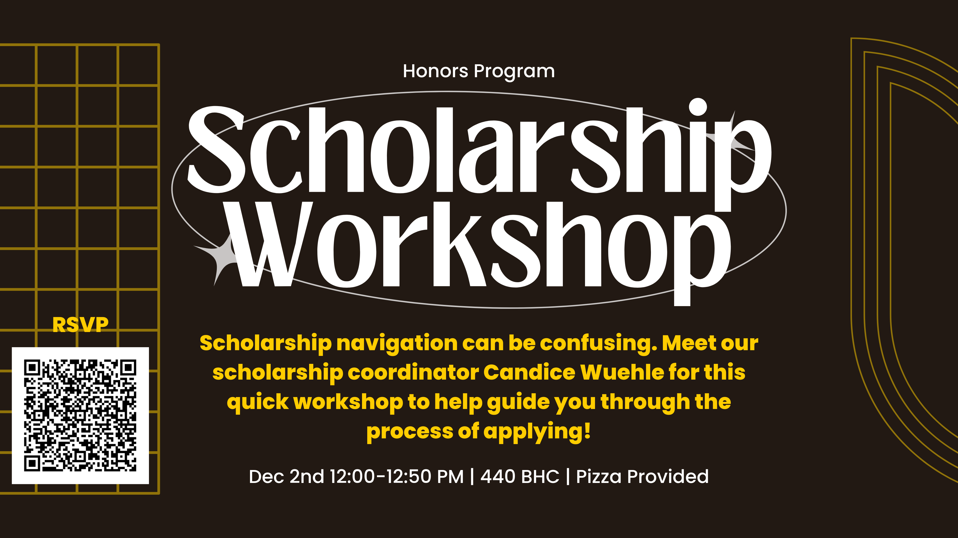 Scholarship workshop - December 2nd 12:00-12:50 PM in 440 BHC. Pizza provided. Please RSVP