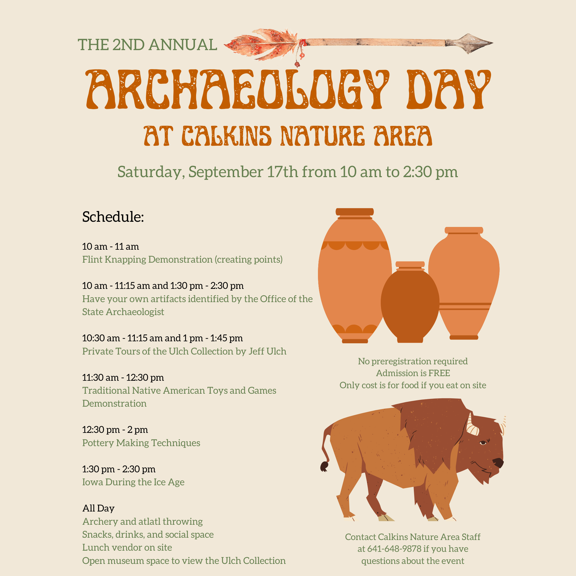 graphical flyer for Archaeology Day at Calkins Nature Center