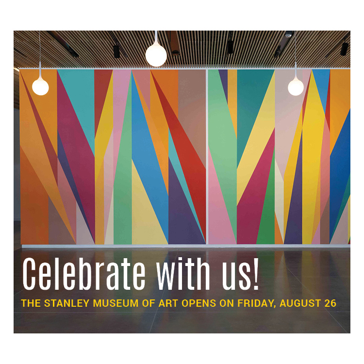 words "celebrate with us" shown against a brightly colored, geometric wall mural