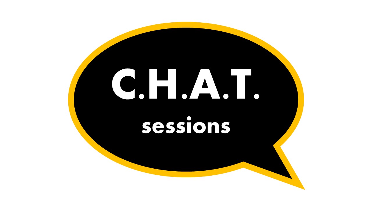 Black speech bubble with yellow outline with words "CHAT Session" on the inside