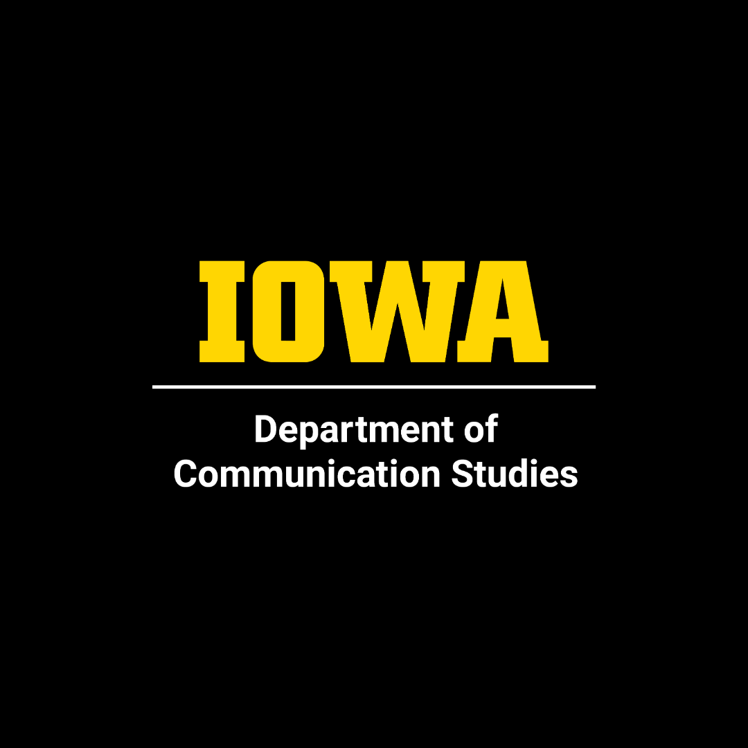 White and yellow logo "Iowa Department of Communication Studies" against a solid black background