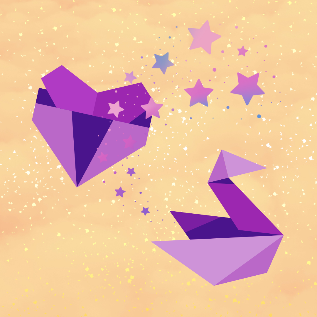 A colorful gold and purple graphic: a large origami heart and swan, both in varying shades of purple, sit amidst purple sparkles on top of a gold sparkly background.