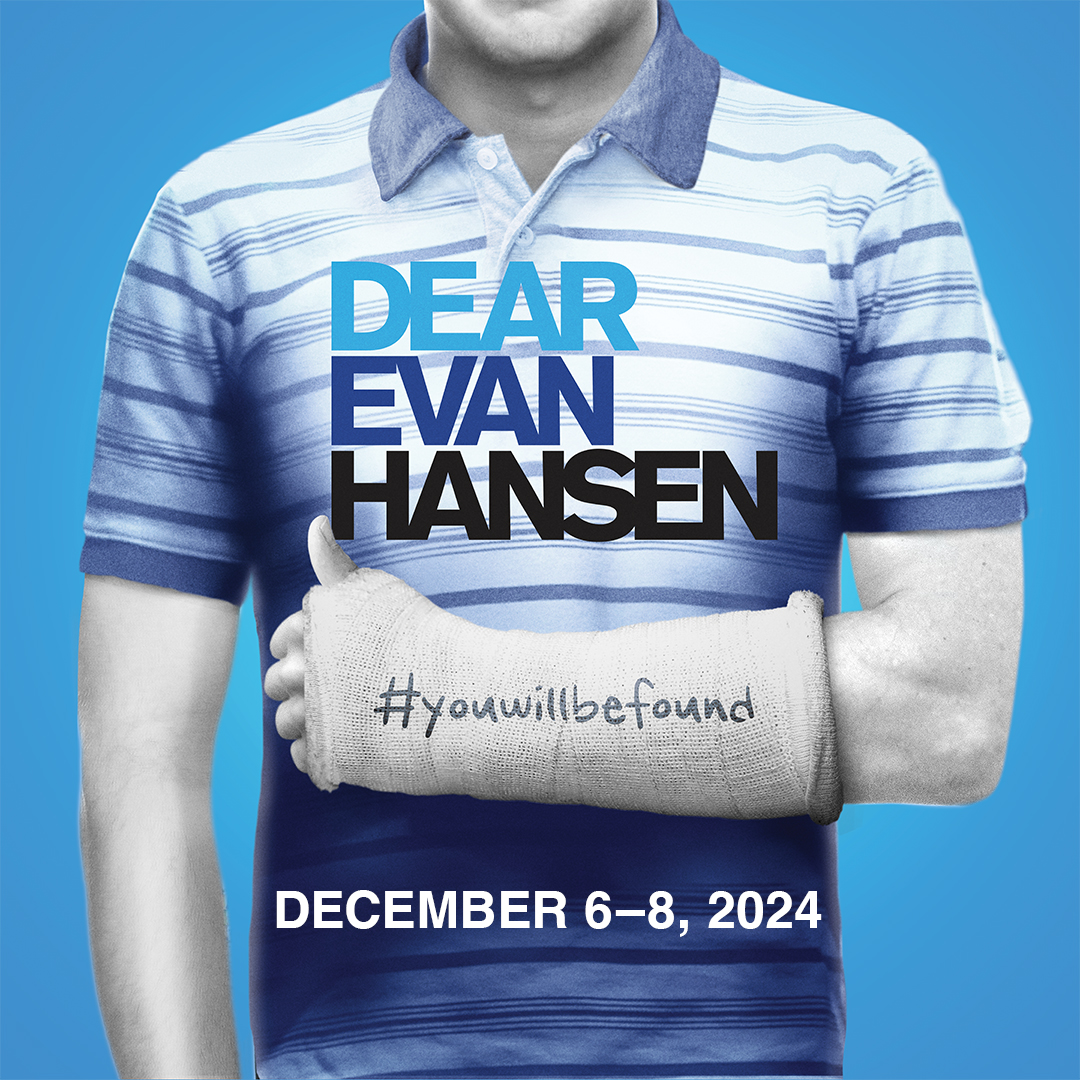 Dear Evan Hansen title on left, on right image of young man's torso with arm in a cast bent in front of him