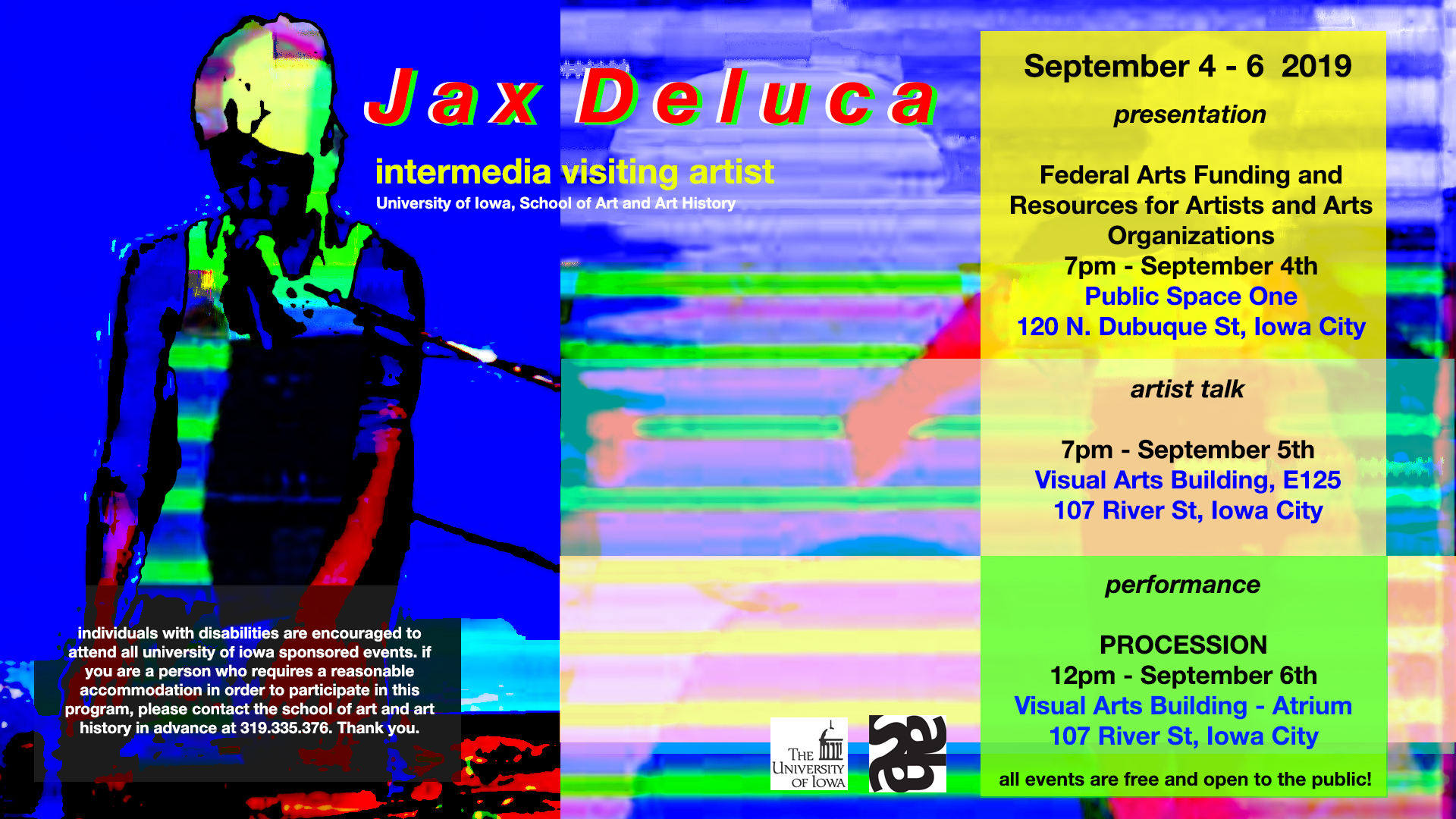 Jax Deluca artist talk September 5th 7:00pm E125 VAB, performance 12:00pm September 6th 12:00pm VAB Atrium