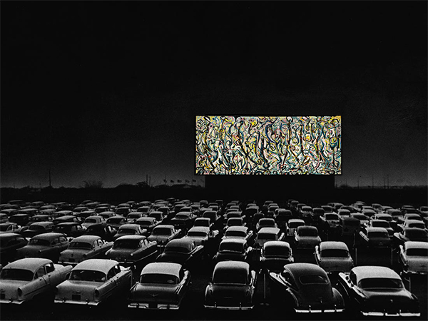 Black and white photo image of a drive in movie theater from the 1950s. The backs of vintage cars can be seen. An image of Jackson Pollock's "Mural" is superimposed on the movie screen