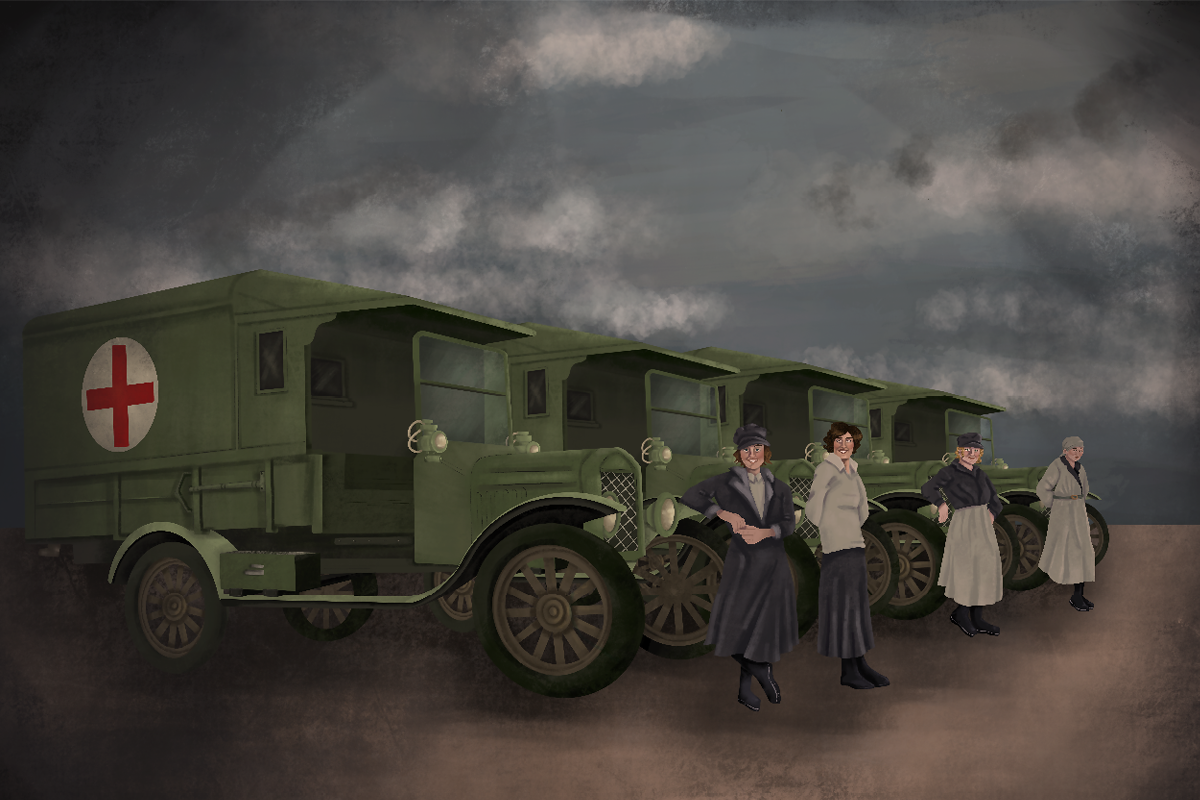 Illustration of vintage ambulances lined up with a woman standing in front of each ambulance.