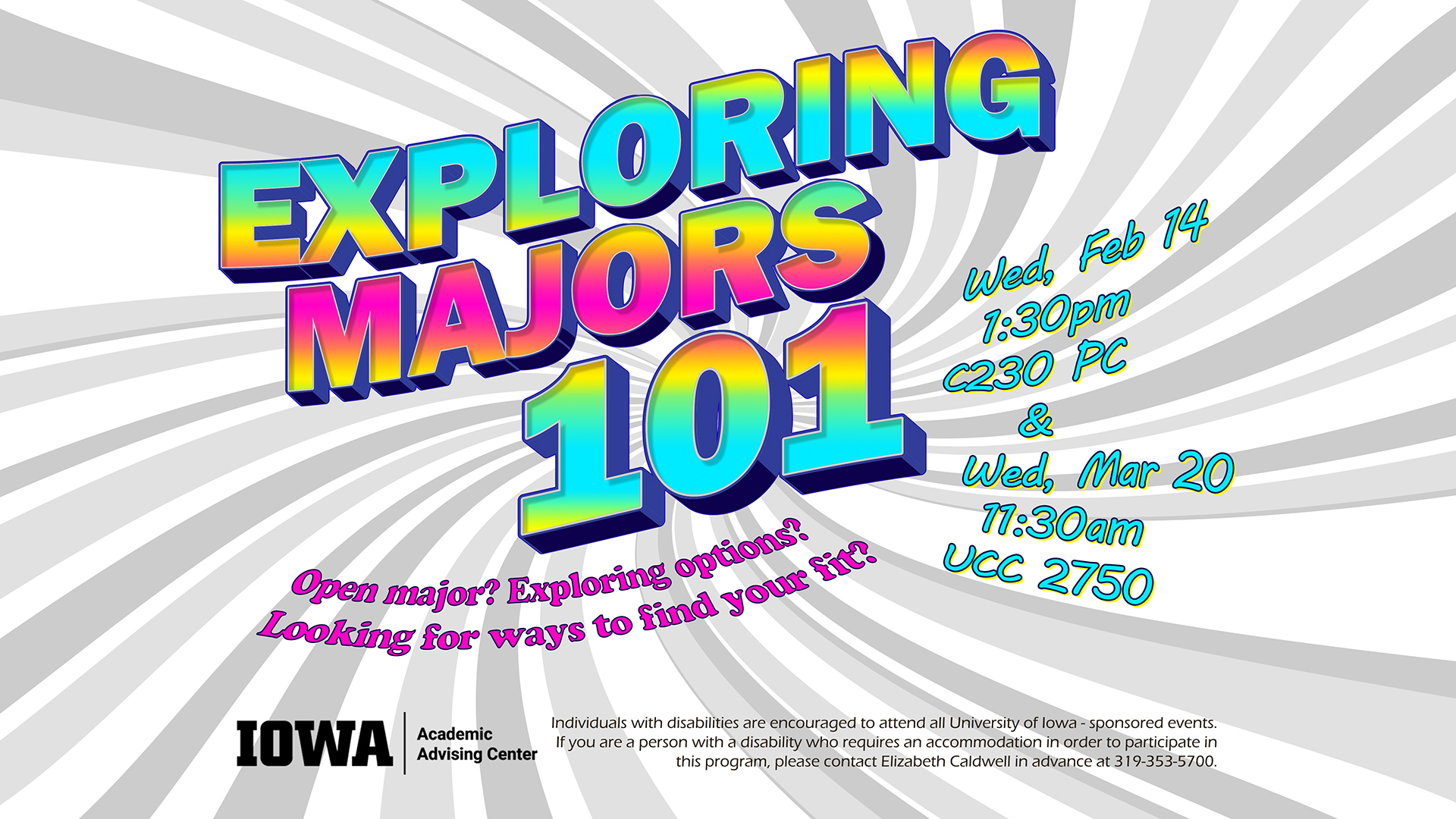 colorful swirling graphic for Exploring Majors event