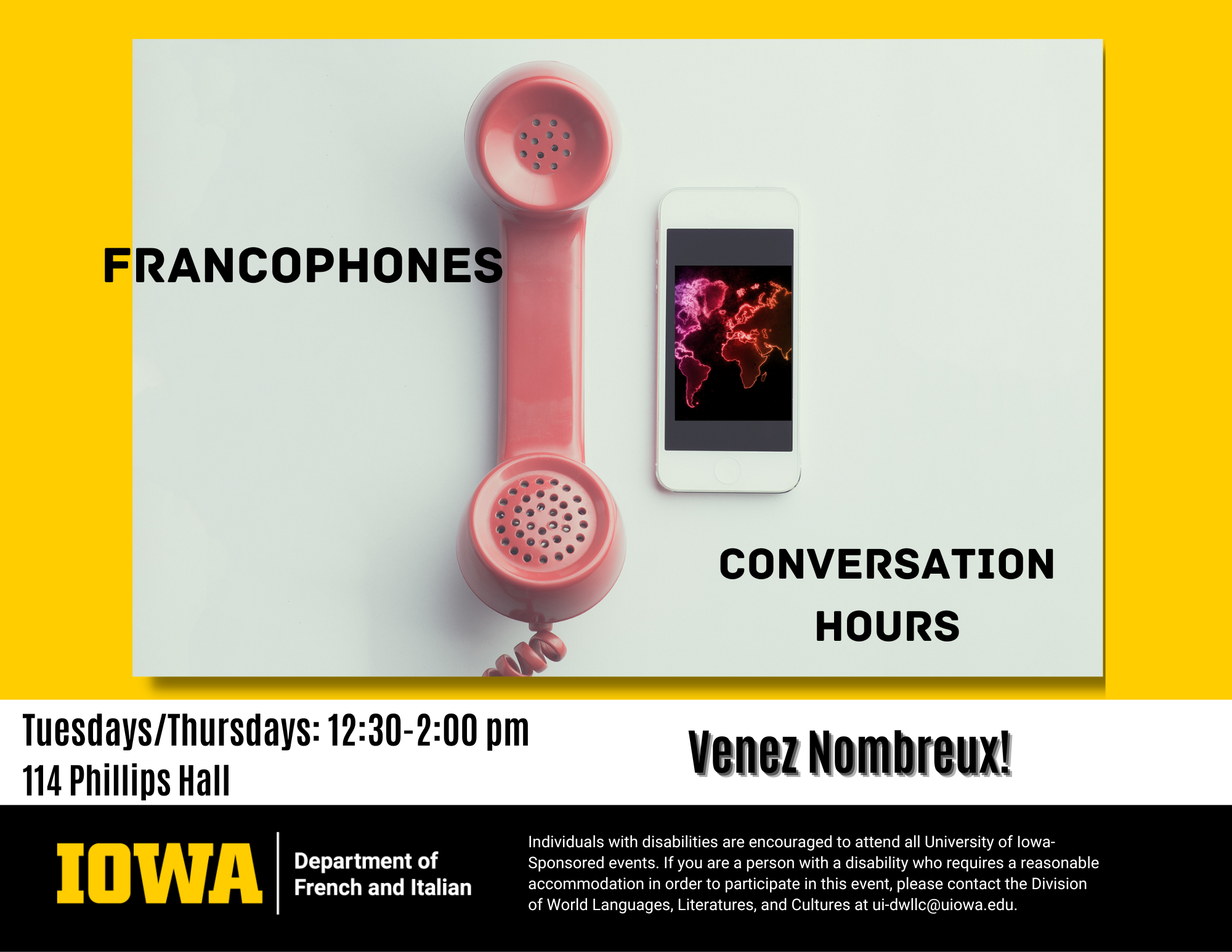 Francophone Conversation Hour; Tuesdays/Thursdays from 12:30 pm to 2:00 pm