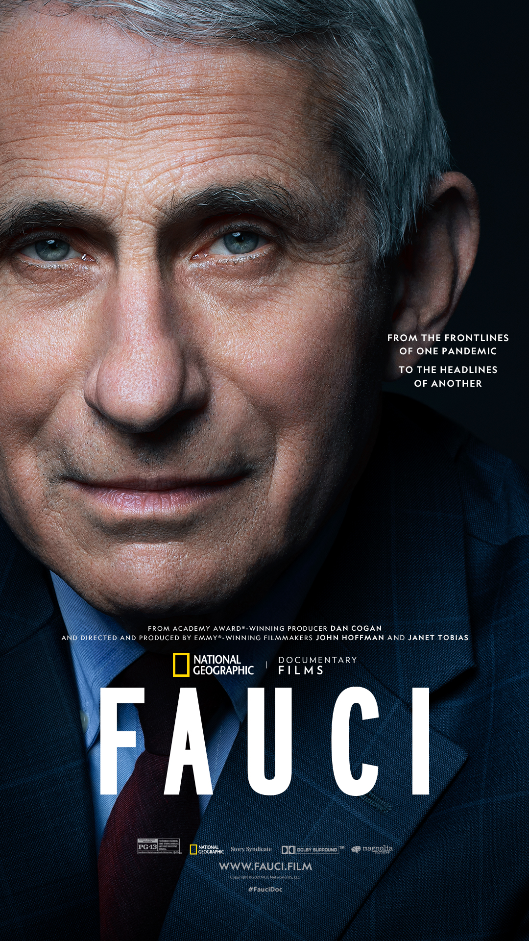 Up close picture of Dr. Anthony Fauci with the word FAUCI in white text overlaid at the bottom.