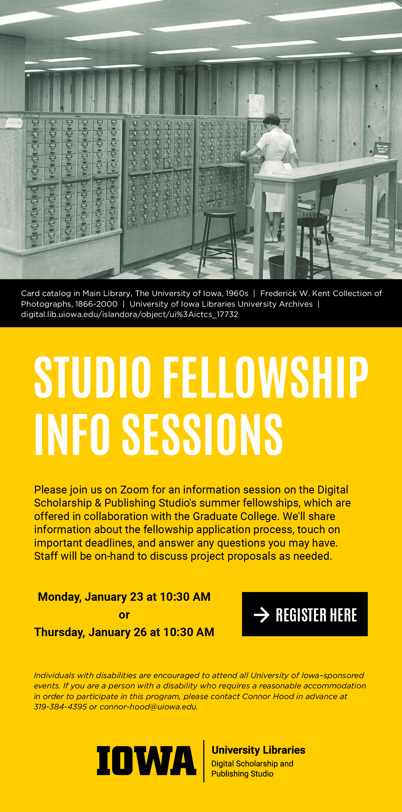 Studio Fellowship Info Sessions. Please join us virtually on Zoom Monday, January 23rd at 10:30am or Thursday, January 26th at 10:30am for an information session on the Digital Scholarship & Publishing Studio's summer fellowships, which are offered in col