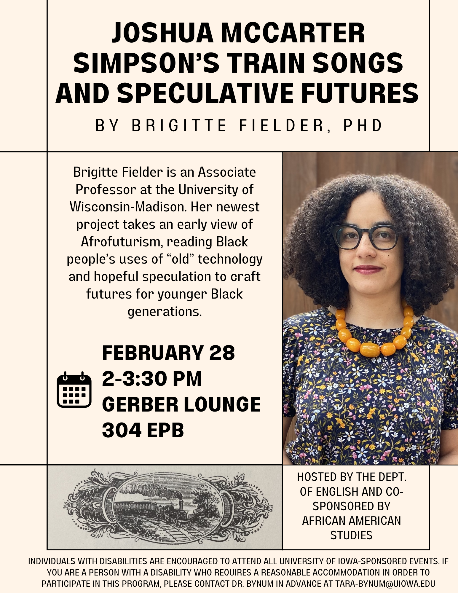 Poster featuring headshot of Professor Brigitte Fielder and an old-timey illustration of a train