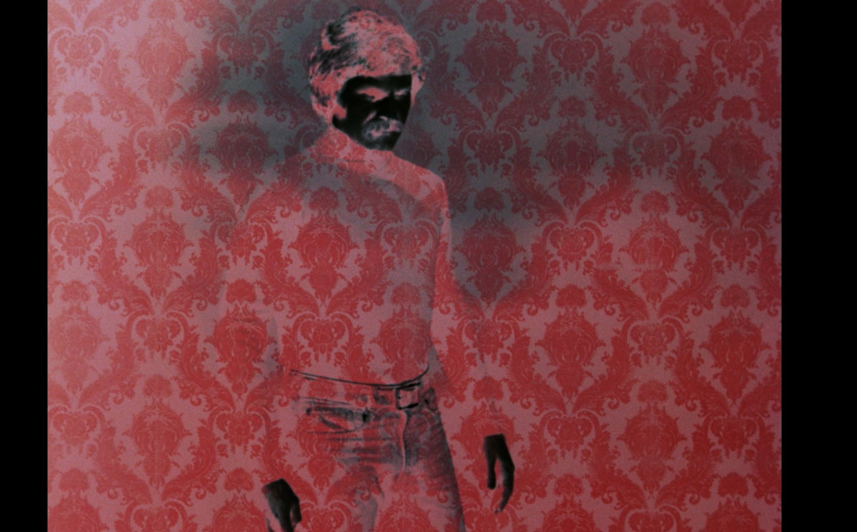 A dark, ghostly figure is outlined against red Victorian-style wallpaper.