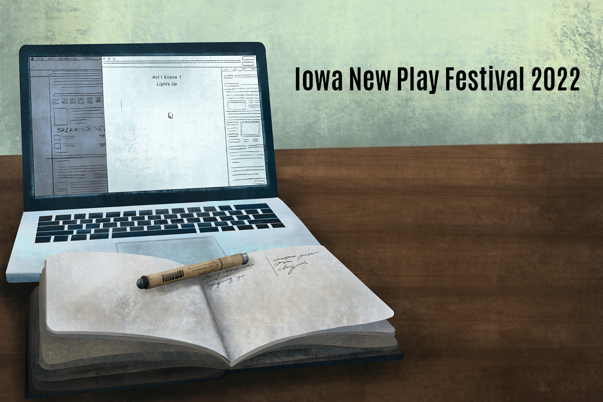 Iowa New Play Festival. Illustration of laptop, notebook, and pen.