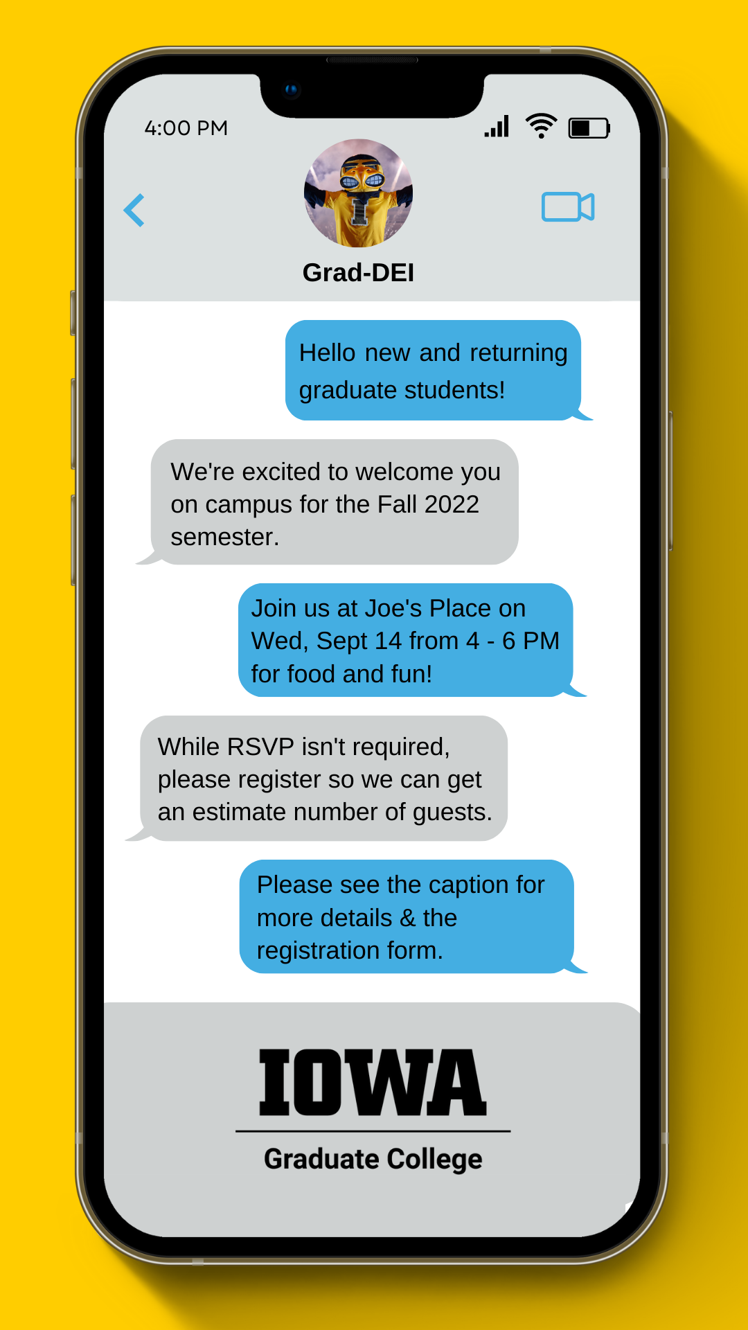 yellow background with image of imessage interface containing information about event (date & time: 9/14/22, 4 - 6 PM @ Joe's Place Iowa City)