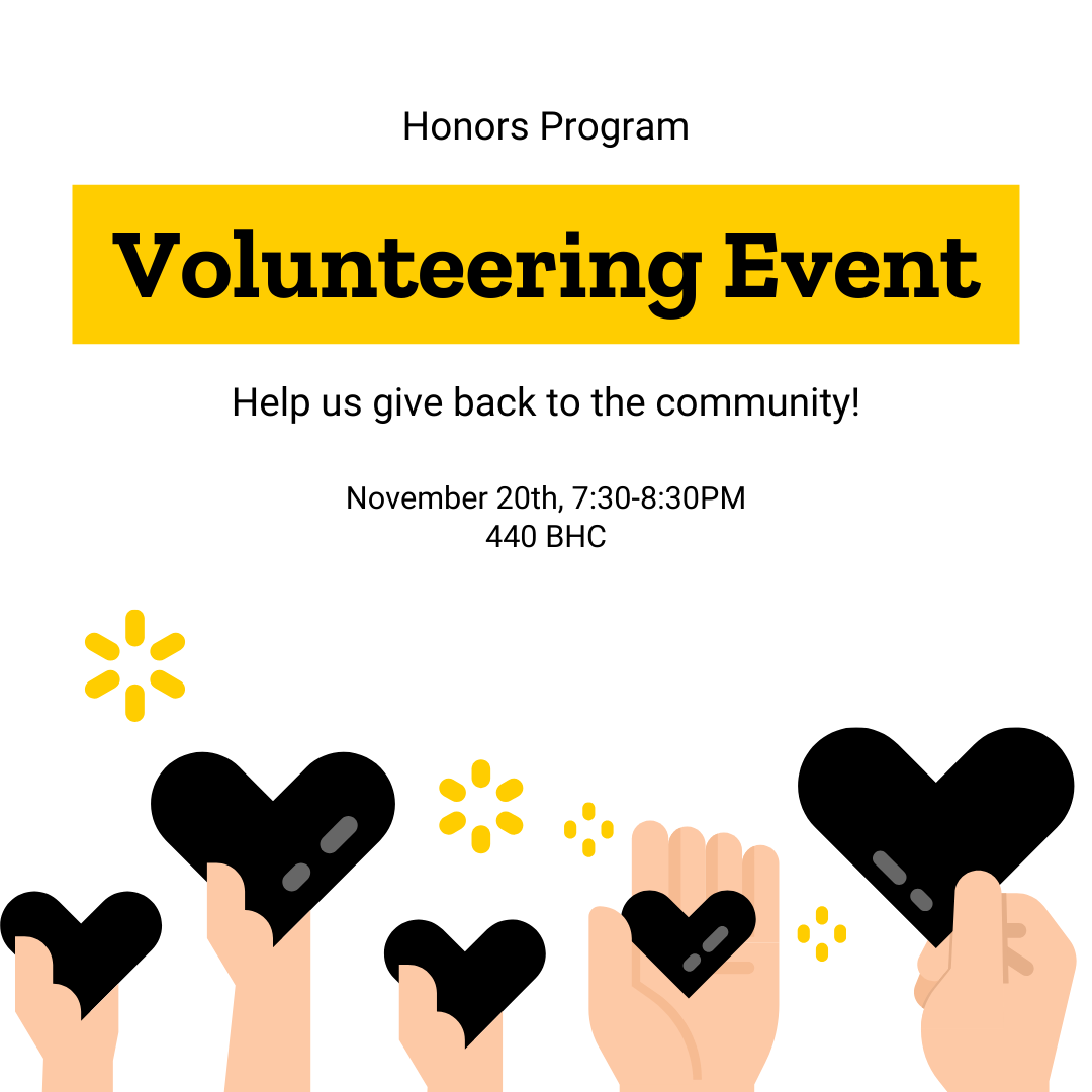 •	On Wednesday, November 20th from 7:30pm-8:30pm, come to 440 BHC for a volunteering event. Help us give back to the Hawkeye community by creating reusable bags which will be donated to the University's food pantry! All necessary materials will be provide