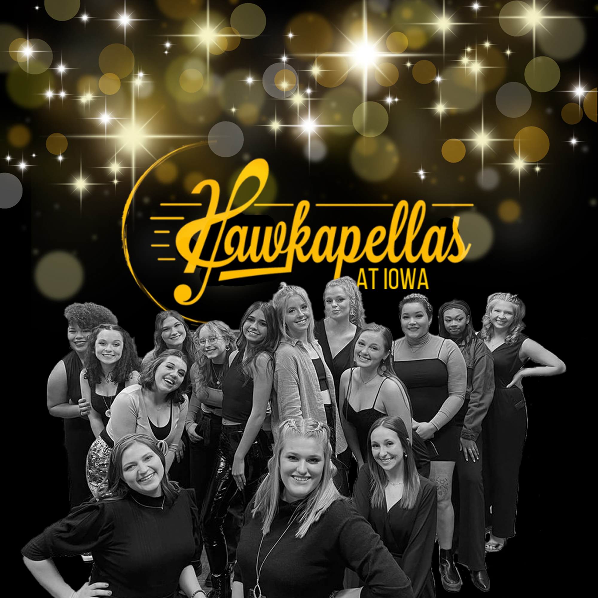 A group of women in front of a "Hawkapellas at Iowa" sign with a gold glittery background