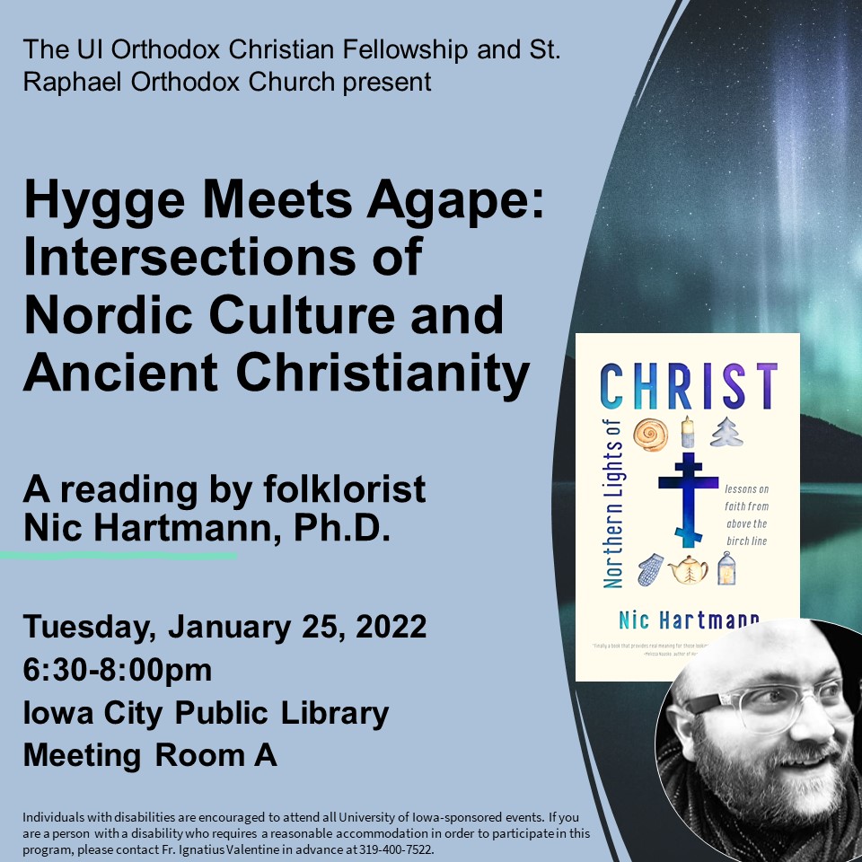 Hygge Meets Agape Reading by Dr. Nic Hartmann, January 25, 2022, 6:30 pm at Iowa City Public Library Meeting Room A