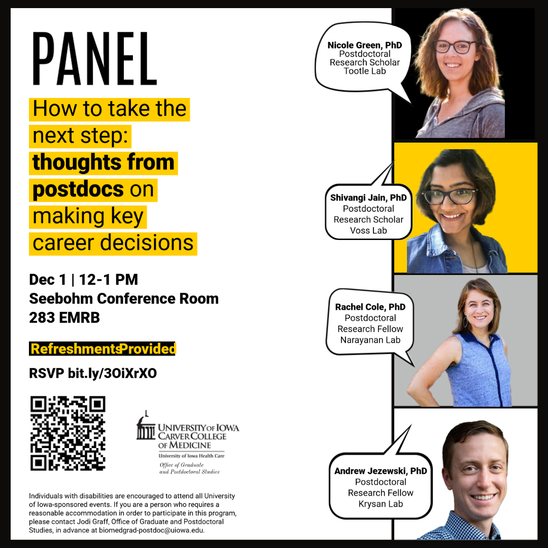 Images of the panelists who are postdoctoral fellows/researchers, including Nicole Green, PhD, Shivangi Jain, PhD, Rachel Cole, PhD, and Andrew Jezewski, PhD