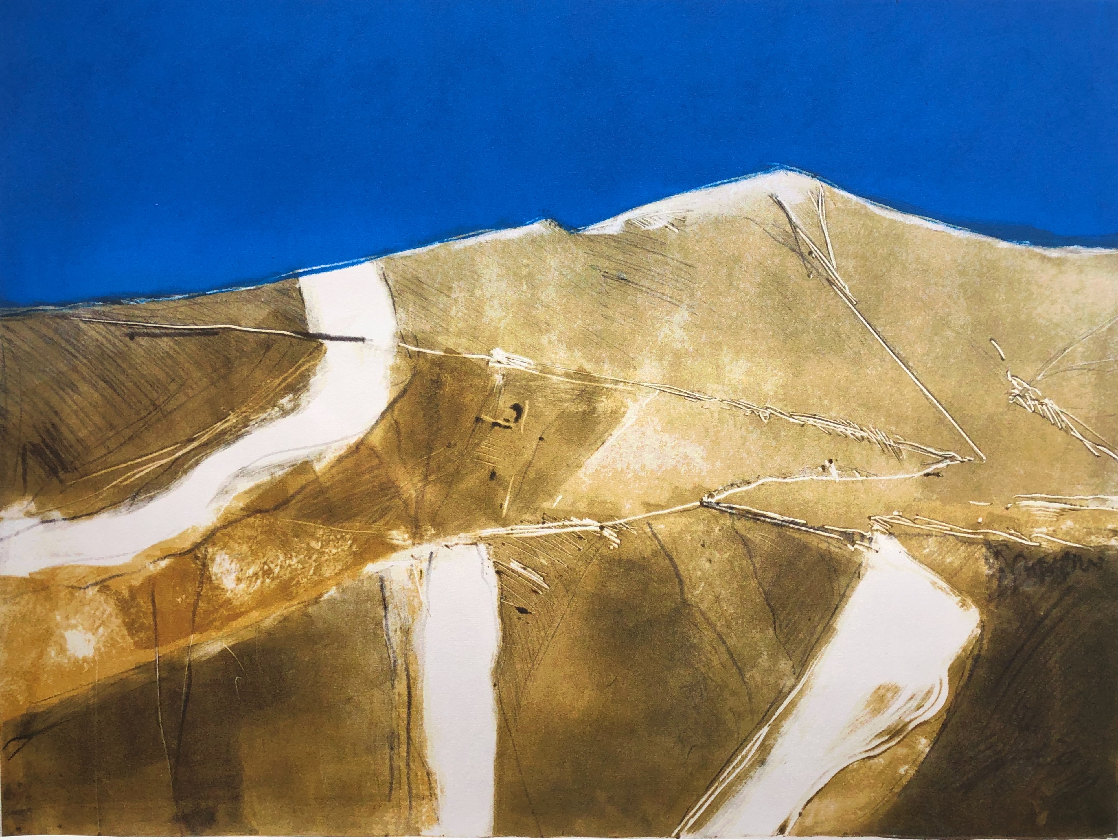 abstract print with blue sky and golden mountain with white paths