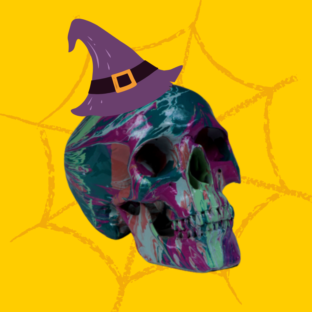 drawing of a human scull wearing a witch hat with a cobweb in the background