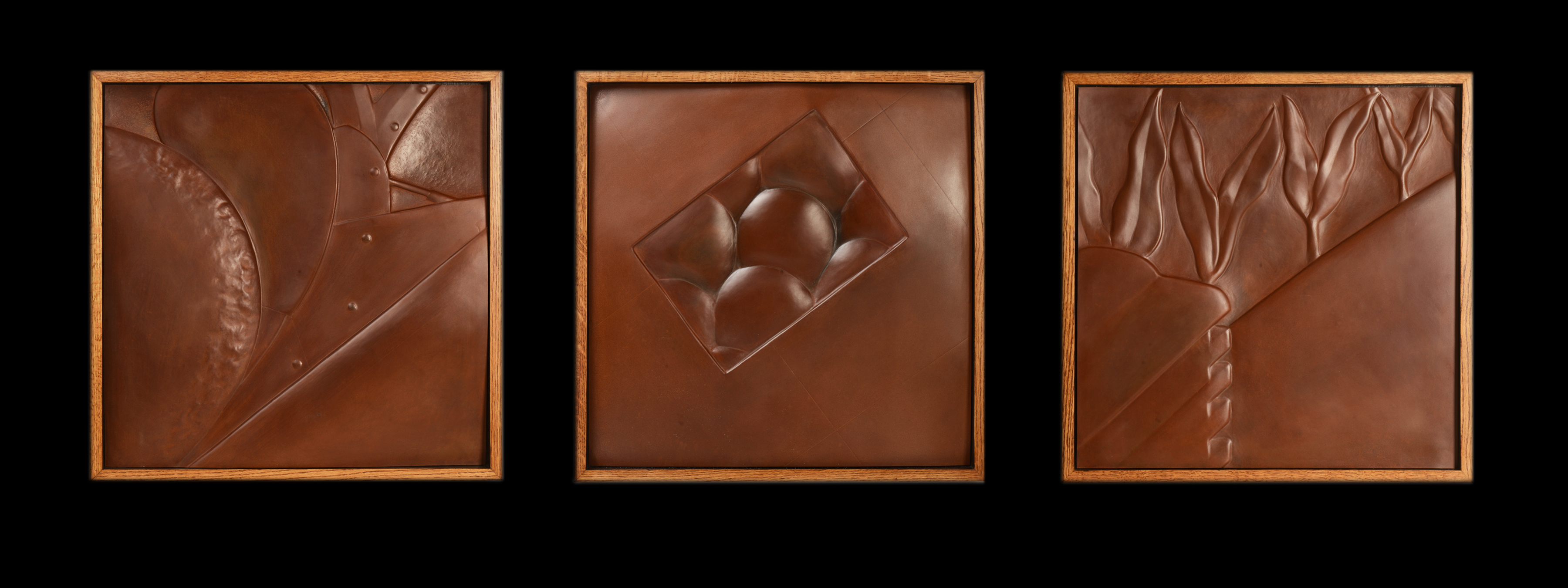 "Iron and Earth"  a large scale chased and repousse triptych (each panel:  25" x 25"  x 3")  Materials: steel, wood frames 