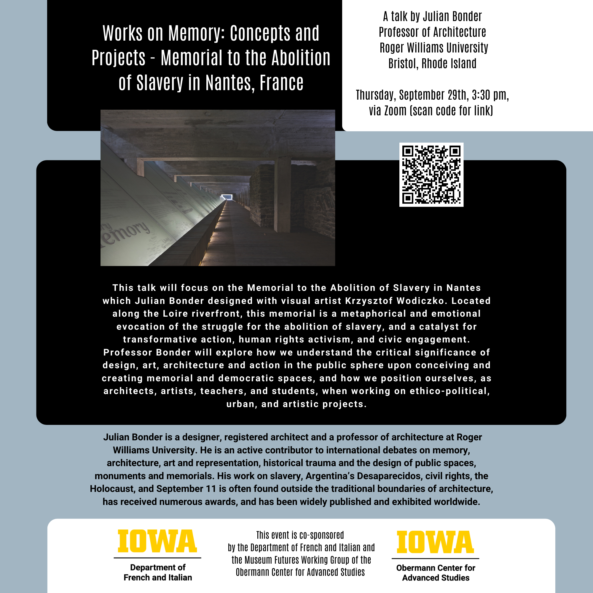 Flyer for event entitled Works on Memory: Concepts and Projects - Memorial to the Abolition of Slavery in Nantes, France