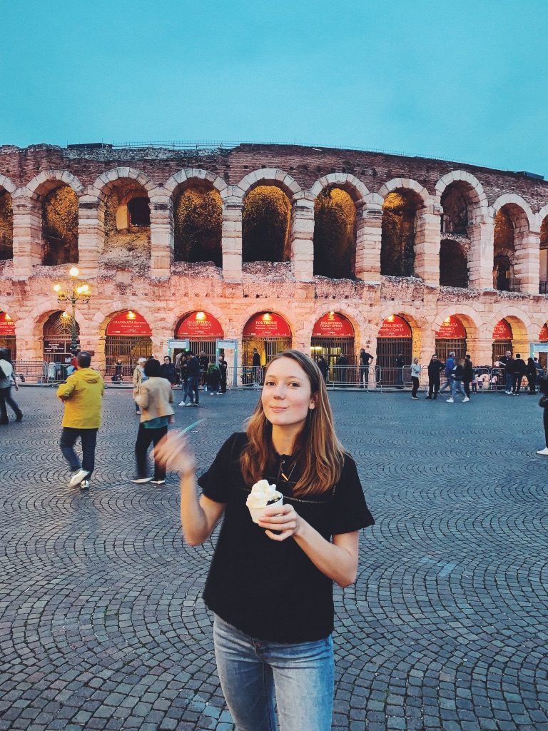 Student with gelato in Verona, Italy 