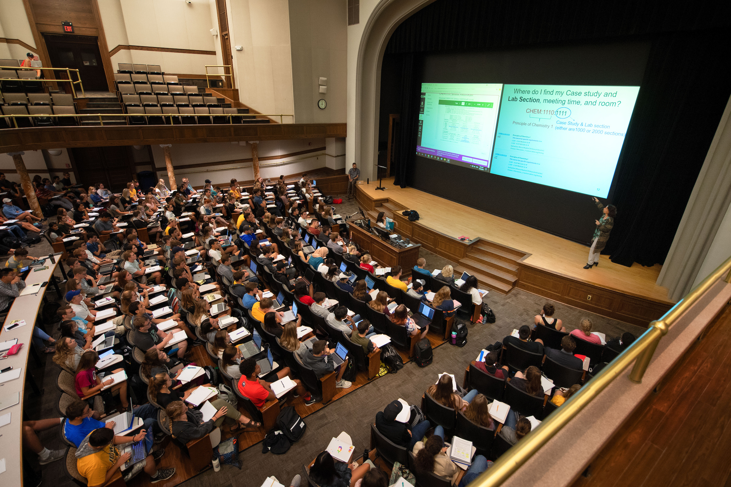 Aerial shot of UI students on the first day of class in Macbride Auditorium.