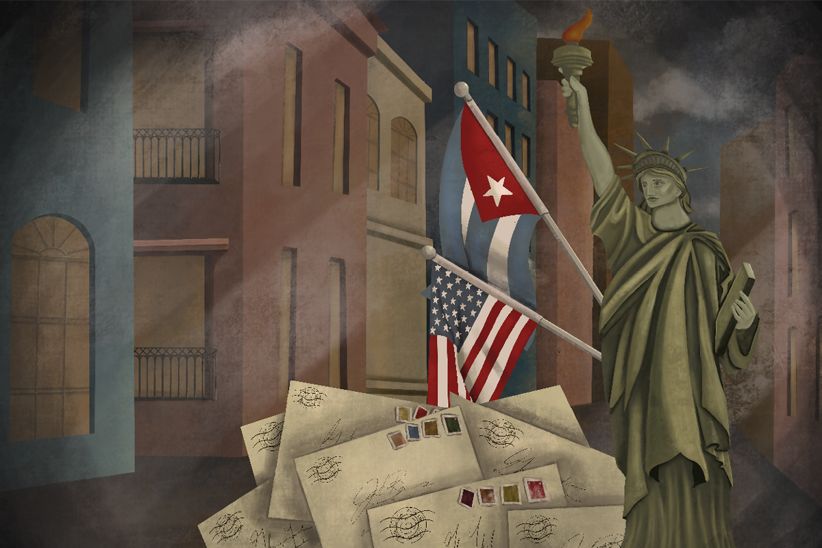 Pile of letters with flags from the United States and Cuba and the Statue of Liberty.
