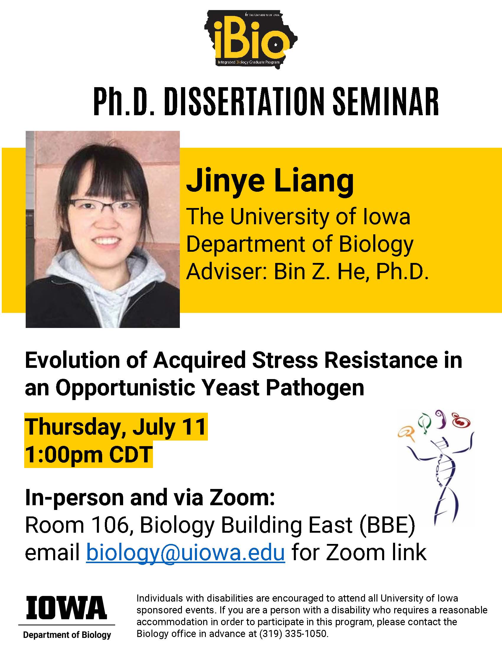 Jinye Liang's Ph.D. Dissertation Seminar on Thursday, July 11 at 1pm in 106 BBE and via Zoom