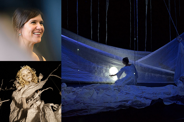 Portrait of a woman with brown hair pulled back, image of a puppet (white angel), image of a woman seated on a darkened stage surrounded by translucent white drapes and a small glowing orb