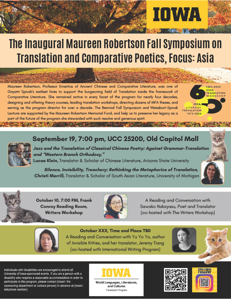 Flier of Events for Inaugural Maureen Roberston Fall Symposium on Translation & Comparative Poetics, 2024