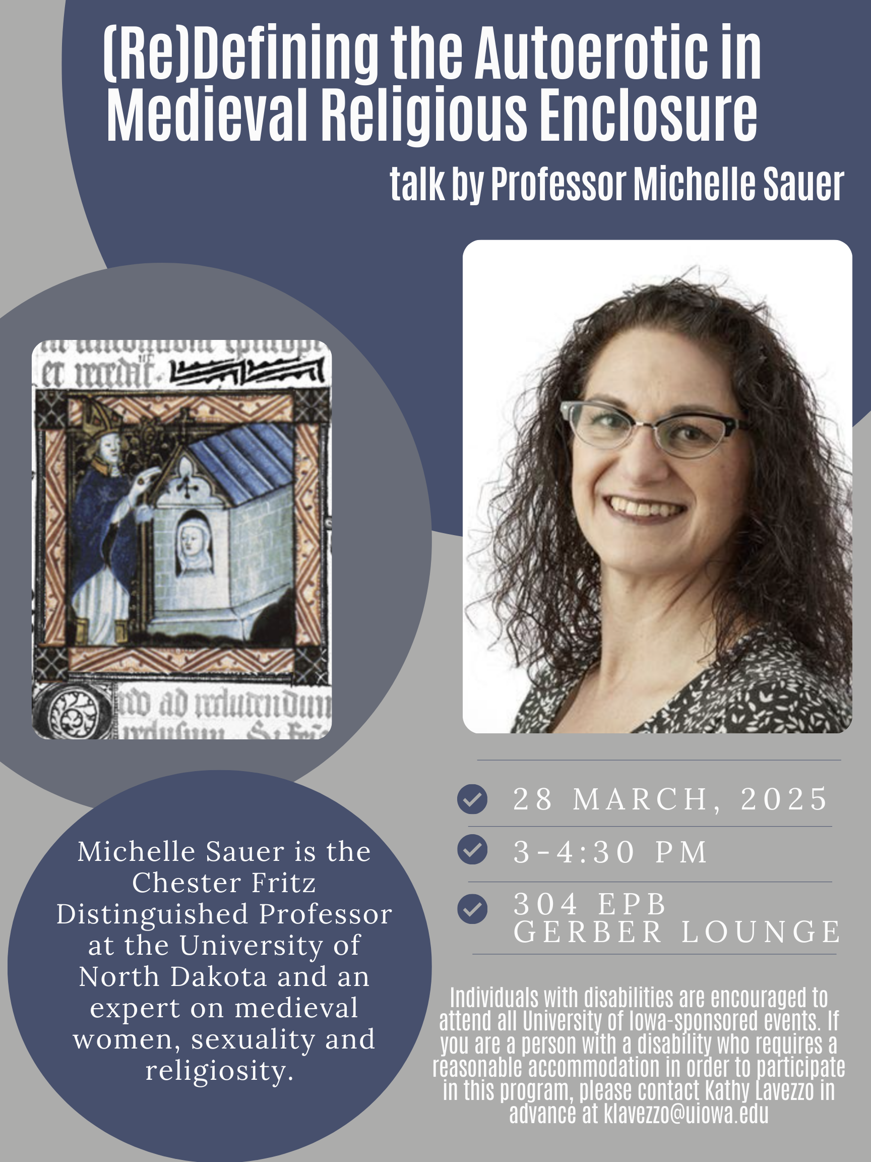 Poster featuring headshot of Professor Michelle Sauer and medieval illustration