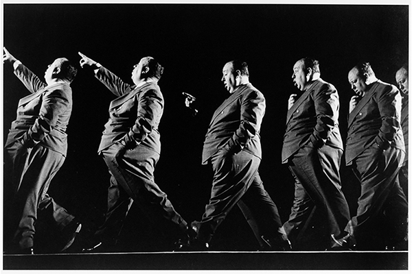 Photograph with multiple exposures of Alfred Hitchcock walking