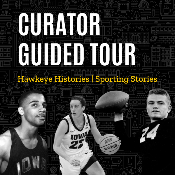 Three athletes representing track, basketball, and football stand under text that says Curator Guided Tour.