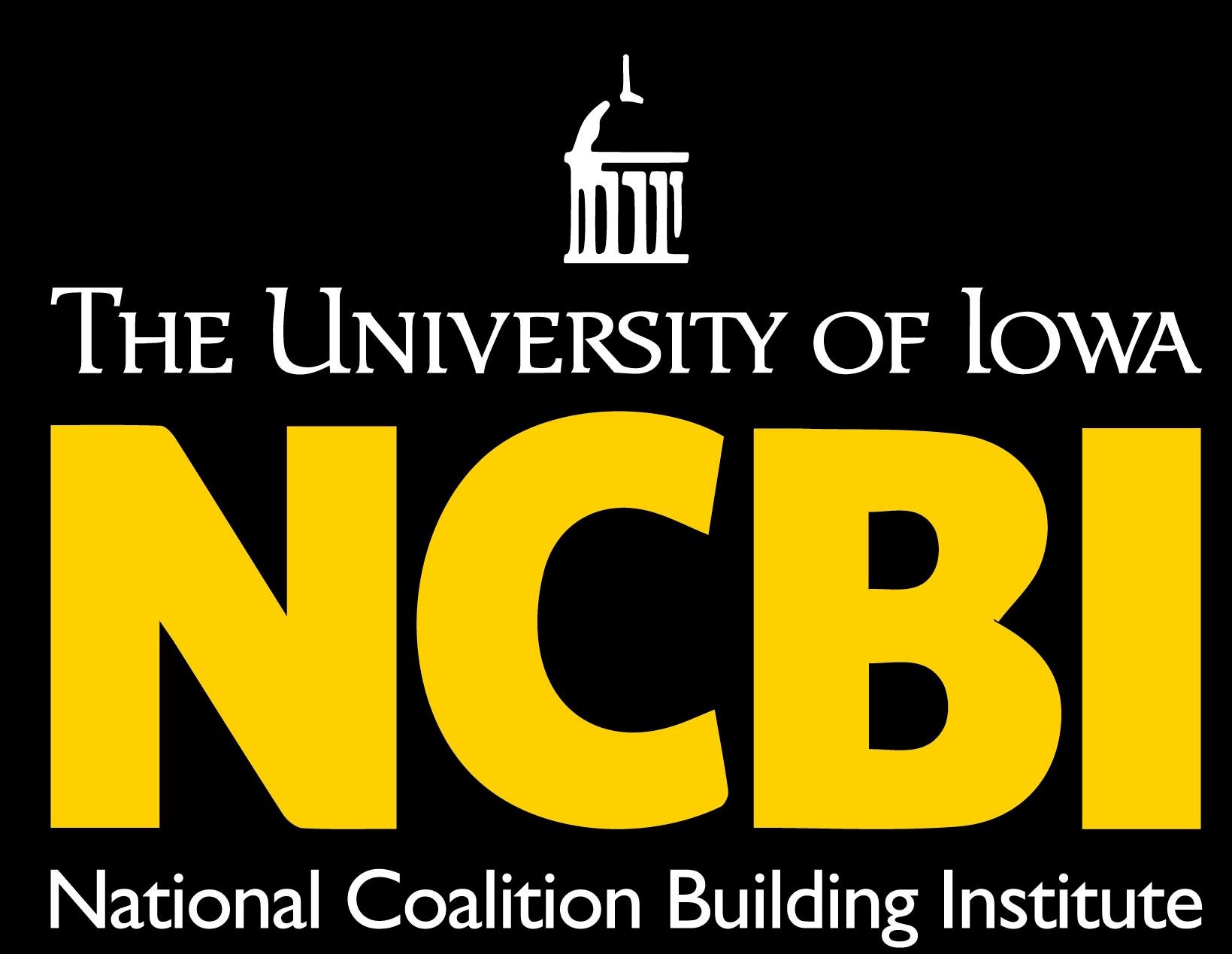 White image of the UI dome above the words University of Iowa also in white. NCBI in capital letters below in yellow with National Coalition Building Institute in white below.