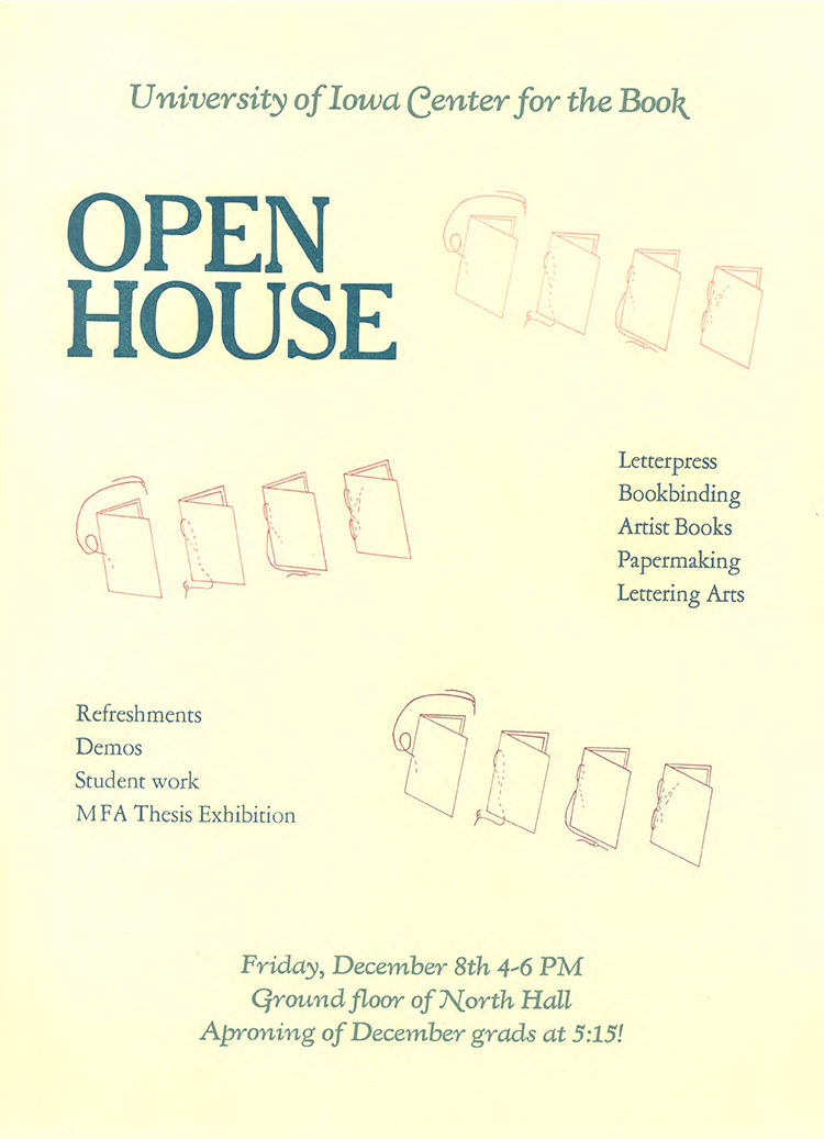 UICB open house poster with printed books, reads: Friday, December 8th from 4-6pm. Ground floor North Hall, 5:15 aproning of Fall Grad