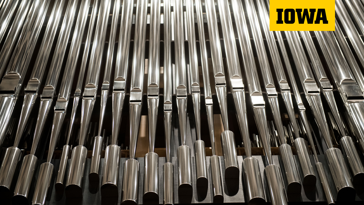 close-up of the Klais Organ pipes in Voxman Concert Hall